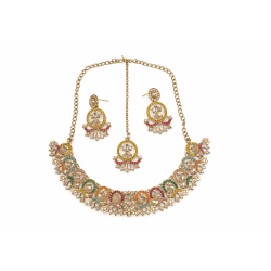 Antique Gold Multi-Color Stone Jewelry Set with Crescent Earrings & Maang Tikka