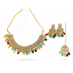 Multicolor Kundan Choker Necklace Set with Matching Earrings & Maang Tikka