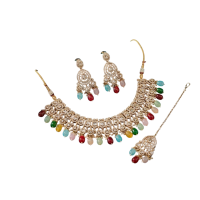 Multicolor Kundan Choker Necklace Set with Maang Tikka & Earrings