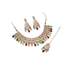 Multicolor Kundan Choker Necklace Set with Maang Tikka & Earrings