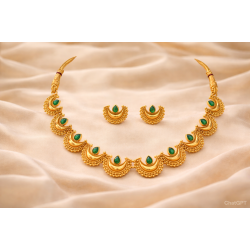 Traditional Maharashtrian Chandrakor Green Stone Necklace Set - Gold Plated