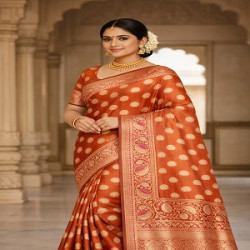 Rust Orange Banarasi Silk Saree with Gold Zari Motifs & Ornate Border