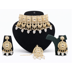 Gold Plated Kundan Choker Necklace Set with White Beads