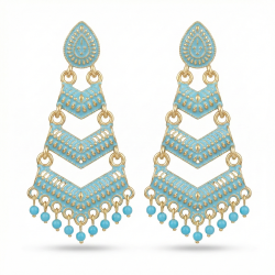 Firozi Meenakari Gold Plated Layered Drop Earrings with Pearl Hanging