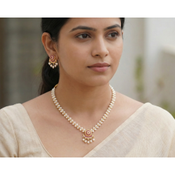 Gold Plated Pearl Beaded Temple Style Necklace Set with Pink Stones & Earrings for Women