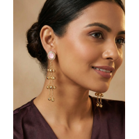 Blush Pink Stone & Gold Ghungroo Tassel Statement Earrings Gold-Plated Kundan Drop Earrings – Traditional Fusion Long Chain Hangings for Women & Girls