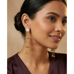 Blush Pink Stone & Gold Ghungroo Tassel Statement Earrings Gold-Plated Kundan Drop Earrings – Traditional Fusion Long Chain Hangings for Women & Girls
