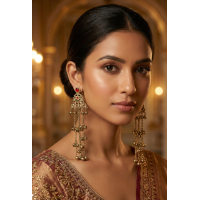 Antique Gold-Plated Long Tassel Drop Earrings with Teardrop Gemstone & Cascading Ghungroo Bells