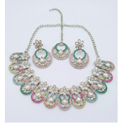 Antique Gold Plated Pastel Multi-Color Kundan Necklace Set with Maang Tikka