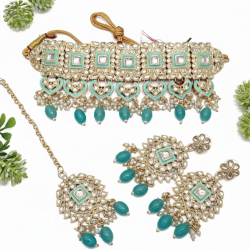 Gold Finish Kundan Polki & Turquoise Stone Meenakari Choker Necklace Set