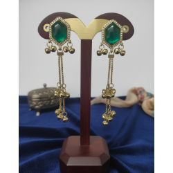 Green Hexagonal Stone Gold Tassel Drop Earrings - Elegant Statement Jewelry