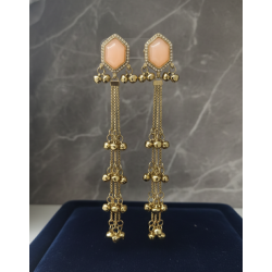 Peach Hexagonal Stone Gold Tassel Drop Earrings - Elegant Statement Jewelry
