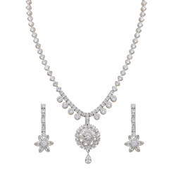 Elegant Silver Floral Drop Bridal Jewelry Set (Necklace & Earrings)