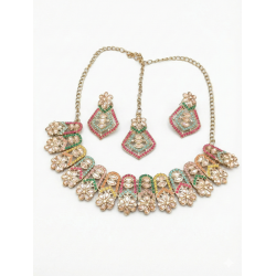 Gold-Toned Multi-Color Geometric Mosaic Kundan Necklace Set Gold Plated Multi-Color Floral Halo Necklace Set with Maang Tikka