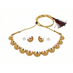 Traditional Maharashtrian Chandrakor Green & Maroon Stone Necklace Set - Gold Plated