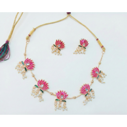 Elegant Pink Lotus Meenakari Gold-Plated Choker Necklace Set with Earrings & Pearl Drops