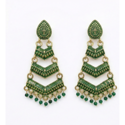 Green Meenakari Gold Plated Layered Drop Earrings with Pearl Hanging