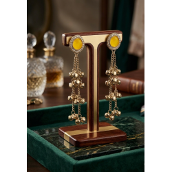 Vibrant Yellow Stone & Gold Bell Tassel Statement Earrings Gold-Plated Kundan Drop Earrings with Ghungroo Tassels – Traditional Fusion Long Chain Hangings for Women & Girls