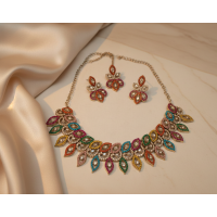 Multi-Color Floral Kundan Necklace Set with Matching Earrings & Maang Tikka
