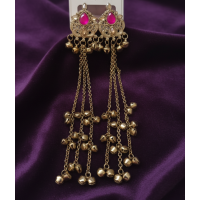 Antique Gold-Tone Long Tassel Ghungroo Earrings with Rani Pink Stone Accents