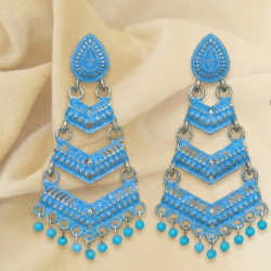 Blue Meenakari Gold Plated Layered Drop Earrings with Pearl Hanging