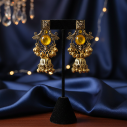 Royal Yellow Antique Gold Chandbali Jhumka Earrings