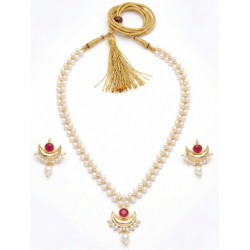 Traditional Pearl Mala with Crescent Ruby Pendant & Earrings Set