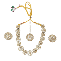 Royal Kundan Polki Choker Set with Maang Tikka & Stud Earrings – Antique Gold Finish
