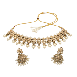 Antique Gold Kundan Choker Set with Pearl Drops & Matching Jhumka Earrings