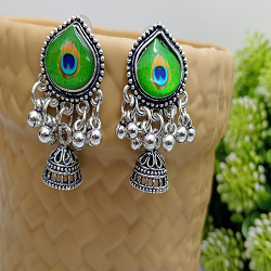 Oxidised Silver Peacock Feather Jhumka Earrings for Women|Traditional Ghungroo Ethnic Jewellery