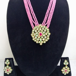 Royal Pink Beaded Kundan Necklace Set with Matching Earrings