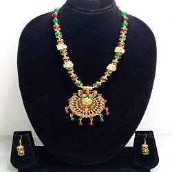 Traditional Kundan Meenakari Necklace Set with Matching Earrings | Red & Green Beaded Ethnic Jewellery for Women