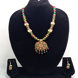 Traditional Kundan Meenakari Necklace Set with Matching Earrings | Red & Green Beaded Ethnic Jewellery for Women
