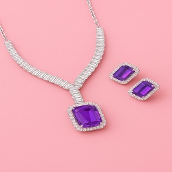 Purple Stone Diamond-Style Necklace Set with Matching Earrings