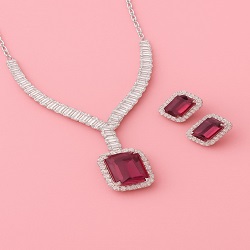 Emerald Cut Red Stone Necklace Set with Matching Earrings | Silver Finish Party Wear Jewellery