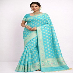 Women’s Sky-Blue Banarasi Silk Blend Saree With Gold Zari Floral Buttas.