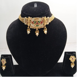 Premium gold-plated finish Choker Necklace Set with Pearl Drops & Matching Earrings