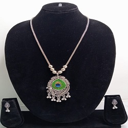 Oxidised Silver Peacock Pendant Necklace Set with Matching Earrings | Traditional Ethnic Jewellery