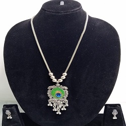Oxidised Silver Peacock Pendant Necklace Set with Matching Earrings.