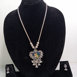 Oxidised Silver Radha Krishna Pendant Necklace Set with Matching Earrings.
