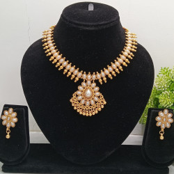 Gold Plated White Stone Traditional Necklace Set with Matching Earrings for Women