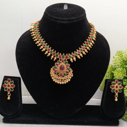 Gold Plated Multi Stone Traditional Necklace Set with Matching Earrings for Women