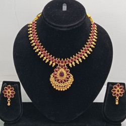 Gold Plated Ruby Red Stone Traditional Necklace Set with Matching Earrings for Women