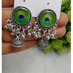 Oxidised Silver Peacock Feather Jhumka Earrings for Women & Girls