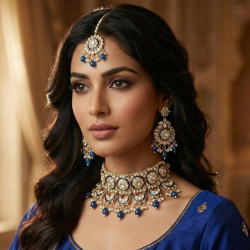 Gold Plated Kundan Choker Necklace Set with Blue Beads Traditional Bridal Jewellery Set