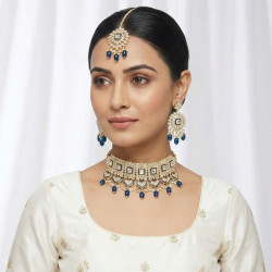 Gold Plated Kundan Choker Necklace Set with Blue Beads