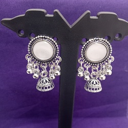 Oxidised Silver Meenaz traditional jhumka earrings with mirror work.