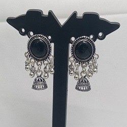 Oxidised Silver & Black Stone Jhumka Earrings for Women & Girls, Traditional Pearl Beaded Dome Jhumkis, Ethnic Party Antique Jewellery.