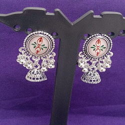 Oxidised Silver Oval Motif Jhumka Earrings with Ghungroo Drops for Women