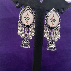 Oxidised Silver floral enamel design Jhumka Earrings with Ghungroo Drops for Women